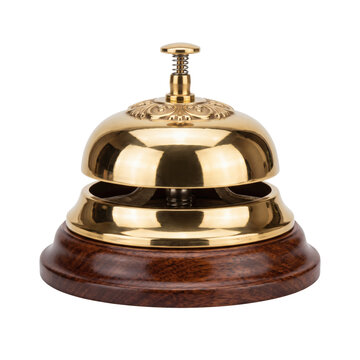 Polished golden brass hotel service bell on transparent background. Round concierge desk call bell with top push button ringer. Classic hospitality reception counter bell creates service icon.
