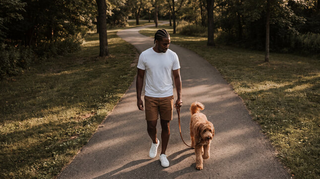 A young Black man wearing a white t-shirt and shorts walks his golden-brown dog along a scenic park path during the golden hour sunset.