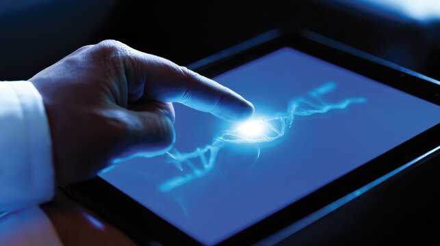 Scientist touching digital neural network visualization on tablet