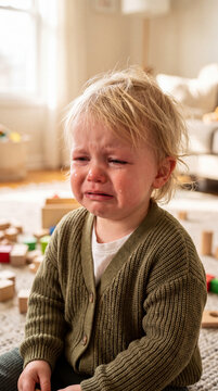 A young blonde toddler with tears streaming down their face, expressing sadness while sitting on the floor surrounded by scattered wooden building blocks.