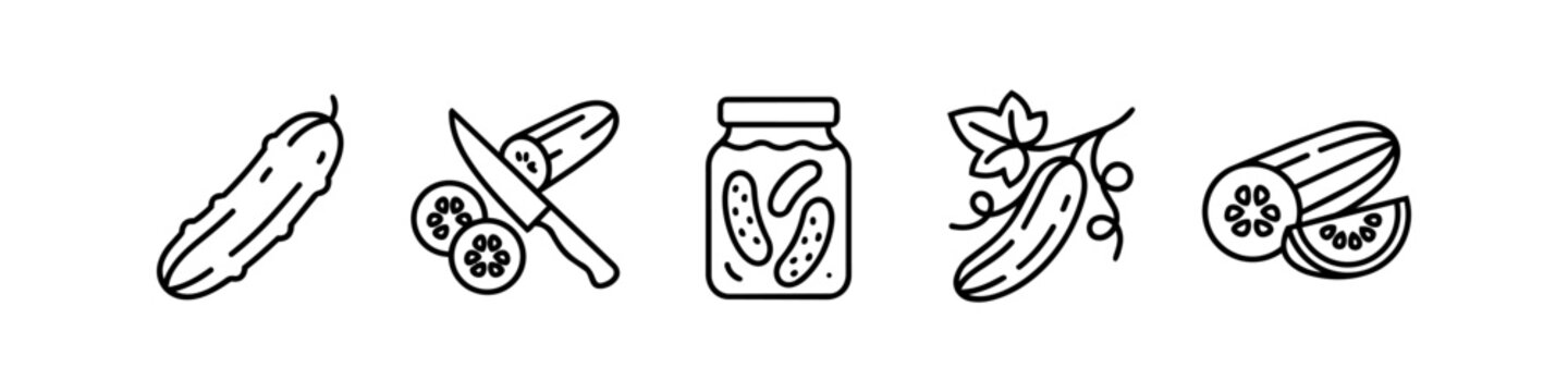 Cucumber and pickle line icon set. Outline vector symbols of fresh whole cucumber, sliced with knife, pickled gherkins in a glass jar, growing plant vine, and fresh cut rounds.