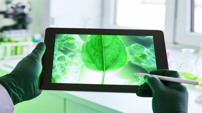 Scientist examines leaf microscopy on tablet in modern lab with green