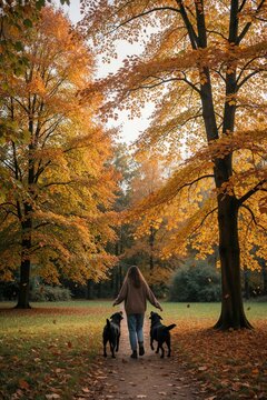 Young woman walks with two black Labrador dogs on forest path in autumn. Happy owner strolls through golden park with loyal pets. Sunny fall season scenery with orange leaves, trees. Girl enjoys