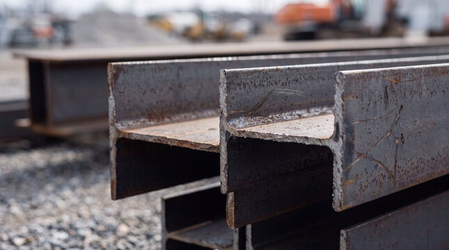 Close-up view of heavy-duty steel I-beams stacked at a construction site, ready for use in building infrastructure and structural engineering projects.