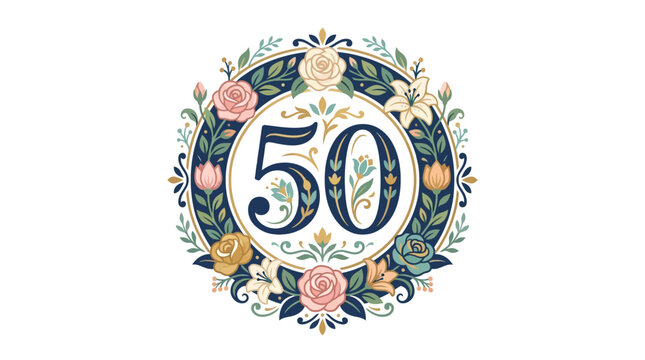 Elegant floral wreath design featuring the number 50 in decorative script, perfect for a 50th anniversary or birthday celebration.