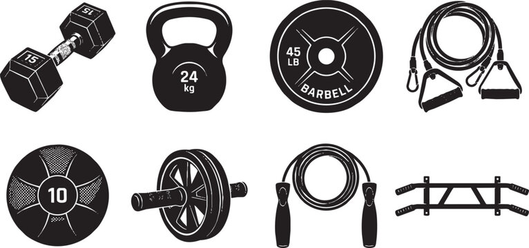 Knolling Vector Set of Gym Fitness Equipment Silhouettes for Healthy Lifestyle New Year Resolutions and Productivity.