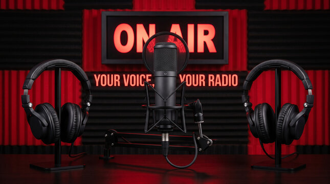 A professional microphone and two pairs of headphones positioned on a desk in a studio with Professional audio recording equipment arranged desk front glowing red studio sign