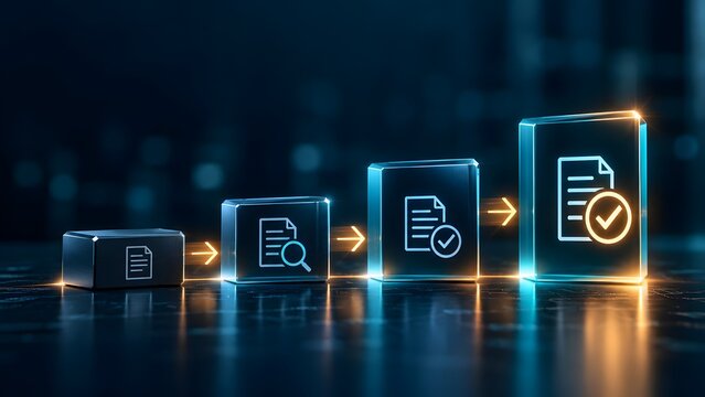 Digital document approval workflow showing sequential stages from initial review to final verification with green checkmark