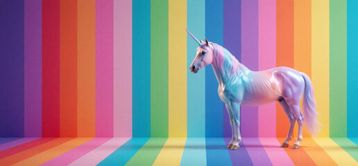 Obraz premium Magical unicorn stands in front of colorful vertical striped background. Mythical white horse with rainbow mane, horn posing in bright studio. Fantasy creature with pastel colors for dream concept