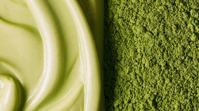 Vibrant green matcha frosting swirl next to powdered matcha green