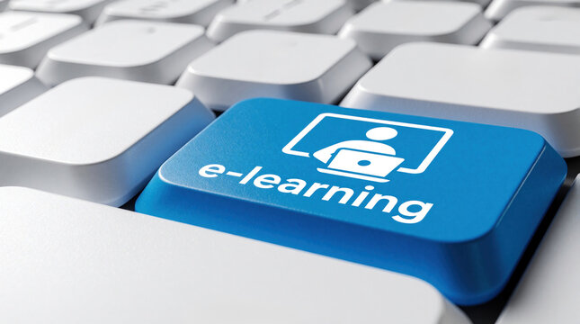 Blue keyboard key with e-learning icon on white computer hardware. Concept of digital education, remote study. Online student training via web platform. Virtual classroom access through internet