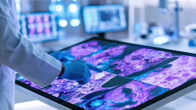 Medical researcher analyzing digital pathology slides in high-tech lab
