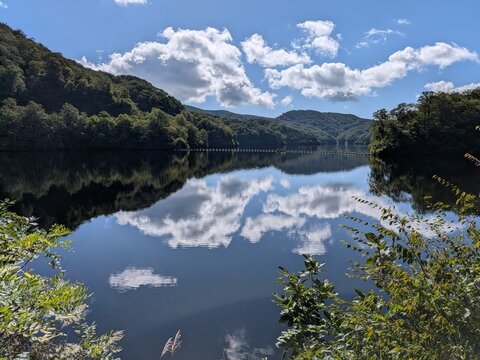 Beautiful lake reflection of blue sky and white clouds surrounded by lush green forest