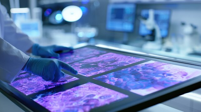 Medical researcher analyzing digital pathology slides in high-tech