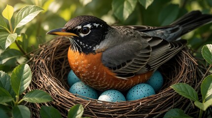 Obraz premium American robin sits in cozy twig nest with blue eggs. Small bird stays on nest in green garden foliage. Mother bird protects eggs during spring season. Natural wildlife scene shows avian life,