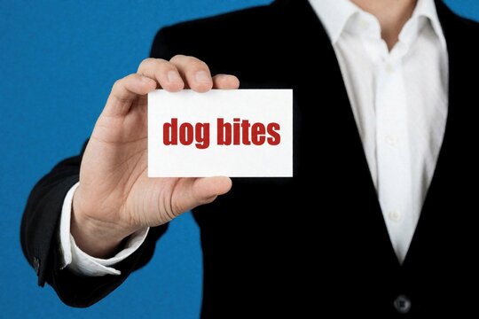Male lawyer in black suit holds white card with dog bites text. Pro man shows legal message against blue background. Concept for animal attack liability, personal injury law, litigation, pet owner