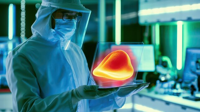 Researcher in protective suit analyzing heatmap data on tablet in