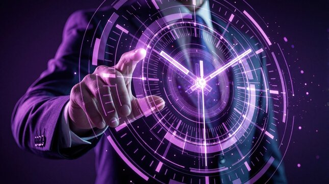 Businessman uses glowing digital clock interface for time management. Man touches futuristic holographic HUD control screen to manage schedule, deadlines. Concept of efficiency, productivity, smart