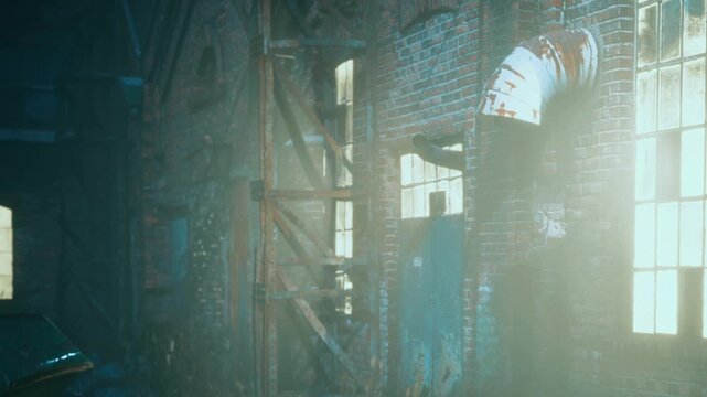 The scene shows an old factory building with brick walls and broken windows. Dust and debris are scattered on the floor. Light filters in through openings, creating shadows.