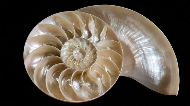 Sectioned nautilus shell showing pearly spiral chambers on black