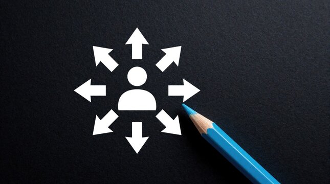 White icon of person with multiple arrows pointing in different directions on black background. Blue pencil lies near symbol. Concept for business strategy, leadership, decision making, career