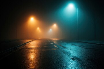 Obraz premium Empty wet asphalt road at foggy night in dark city. Street lamps glow with orange, cyan light through thick mist. Moody urban scene with damp pavement, mysterious atmosphere under dim street lighting