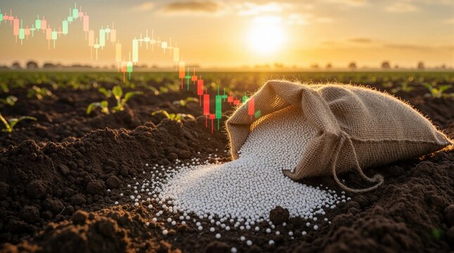 White fertilizer granules spill from burlap sack onto dark soil in farm field at sunrise. Financial stock market chart overlay shows rising prices, economic instability. Global trade issues impact