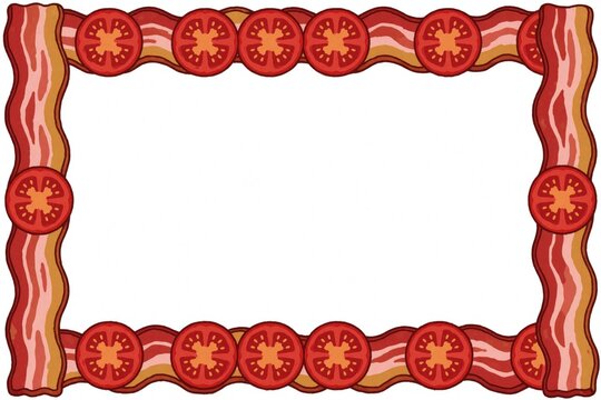 Seamless pattern with tomato slices, bacon strips. Decorative food border creates rustic frame for menu kitchen design. Red vegetable, meat elements form edible ornament for breakfast themed