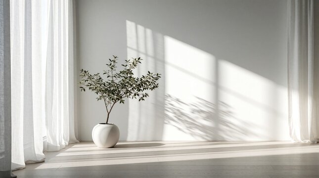 Minimalist interior design with white walls, light wood floor. Small green plant in white pot stands near window with sheer curtains. Soft sunlight creates shadows on empty room. Clean space for