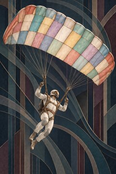 Art deco style skydiver paragliding with a colorful parachute illustration