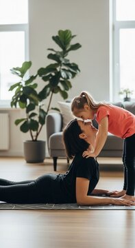 Happy Mother and Daughter Bonding woman practicing yoga on mat while little girl smiles in bright living room ideal for family wellness and home fitness. Vertical. Portrait Orientation.