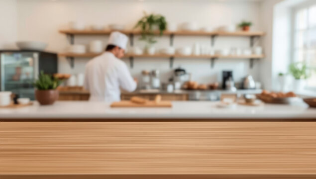 Empty brown wooden table top in focus, blurred bakery background. Modern bakery kitchen horizontal view with copy space for advertising product