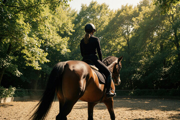 Obraz premium Back view of female rider on brown horse in outdoor riding arena. Woman wearing black equestrian outfit, helmet trains animal near rich green forest. Calm summer day for horseback riding hobby,