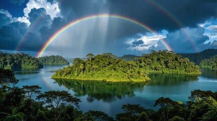 Obraz premium Double rainbow arches over calm lake with rich green islands. Dramatic storm clouds fill sky above tropical forest landscape. Beautiful nature view with reflection in water. Scenic scenery shows