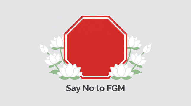 Red octagon stop sign decorated with white lotus flowers on a light gray background with octagonal sign surrounded advocating against female female genital mutilation