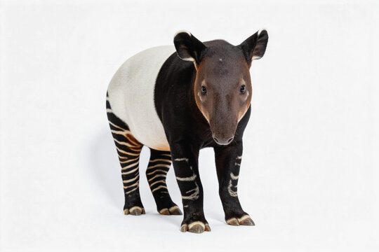 A Malayan tapir, an odd-toed ungulate, stands against a plain white studio background, showing its distinctive black and white coat.