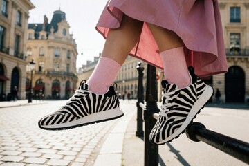 Obraz premium Close up of female legs wearing zebra print sneakers, pink socks. Trendy woman sits on metal railing in European city street. Stylish outfit with animal pattern footwear. Empty copy space for text on