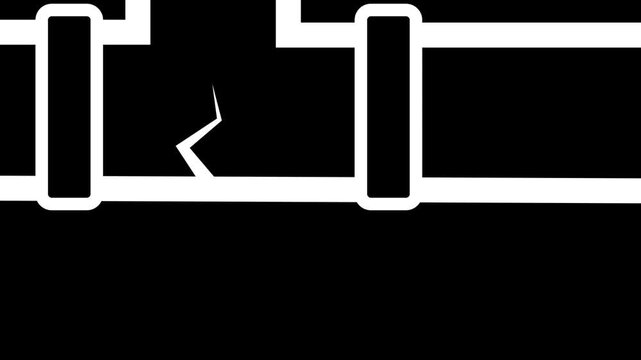 Leaking water pipe animation on black background. Broken plumbing pipeline with dripping blue drop. Concept for repair and water waste.