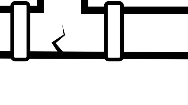 Leaking water pipe animation on white background. Broken plumbing pipeline with dripping blue drop. Concept for repair and water waste.