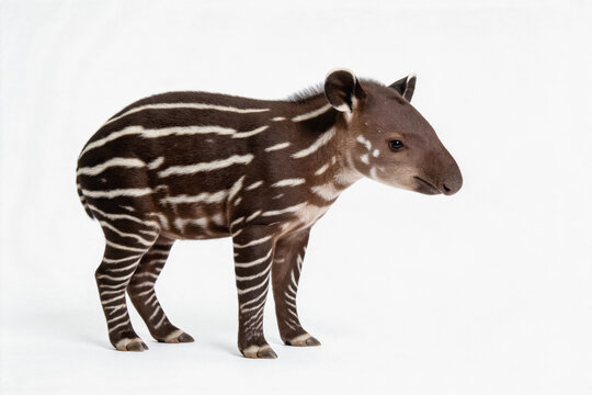 A juvenile striped tapir, a type of perissodactyl mammal, stands isolated on a plain white background, displaying its distinctive coat pattern.