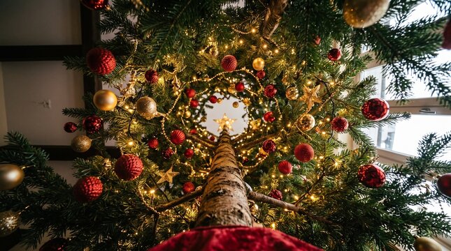 Creative low angle Christmas tree photography looking upward through deep green branches with red ornaments, warm golden lights and elegant festive decorations