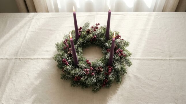 Advent wreath with four purple candles on linen tablecloth, three candles lit. Frosted fir branches with berries and pinecones. Advent season and Christmas preparation.