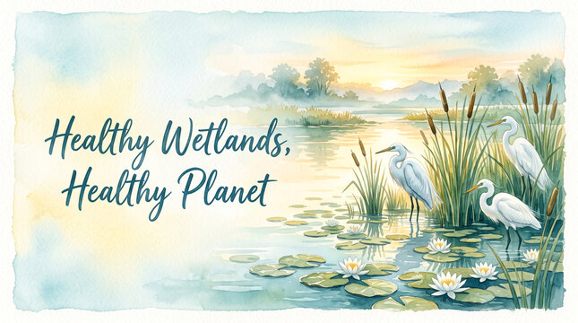 Watercolor illustration of white egrets standing in a tranquil wetland pond at sunrise with text with filled blooming water water lilies cattails stand serene wetland