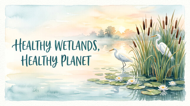 Watercolor illustration of white egrets standing in a tranquil marshland with cattails with landscape filled cattails serene wetland landscape cattails blooming water