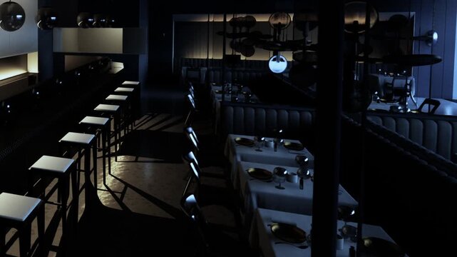 Tables are set for dinner at a restaurant. Some chairs are empty while others have diners sitting. The lighting is dim and creates shadows in the room.