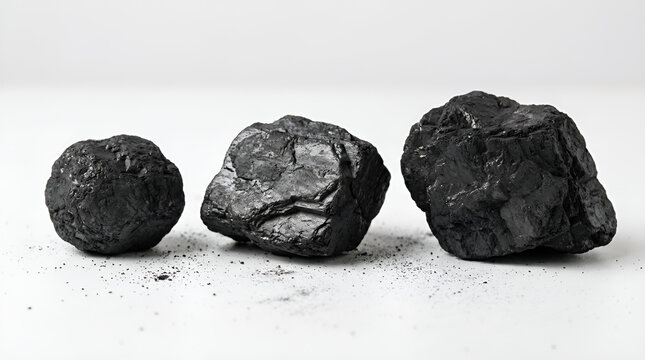 Three black coal lumps glossy rough textured lined up small medium large size left to right black dust scattered on clean white surface soft shadow minimalist studio