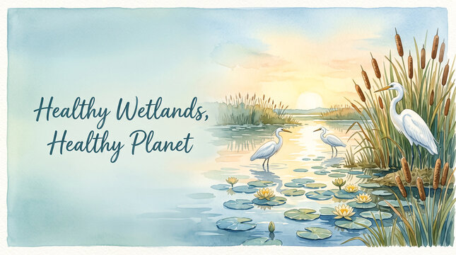 Watercolor painting of white egrets standing in a tranquil wetland marsh at sunrise with text with stand serene watercolor pads cattails sunrise marsh filled lily