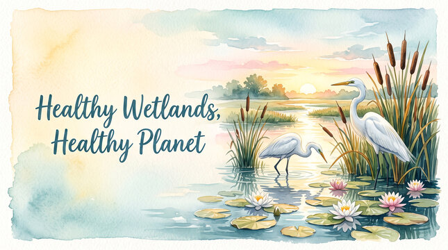 Watercolor banner featuring two white egrets in a serene wetland landscape with water lilies at sunrise with tranquil wetland environment environment filled blooming