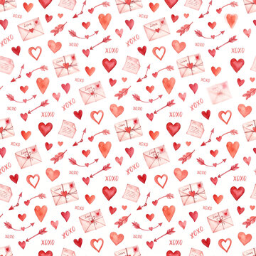 Watercolor seamless pattern with red hearts and love letters on a white background surface with pattern repeated letters arrows correspondence illustration celebration