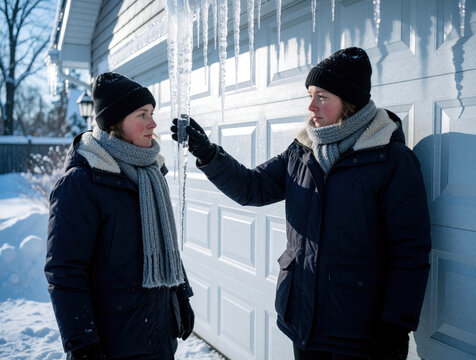 Two young women in winter coats inspect sharp icicles hanging from white garage door. Friends check frozen ice formations near residential house. Cold weather lifestyle, outdoor activity, safety
